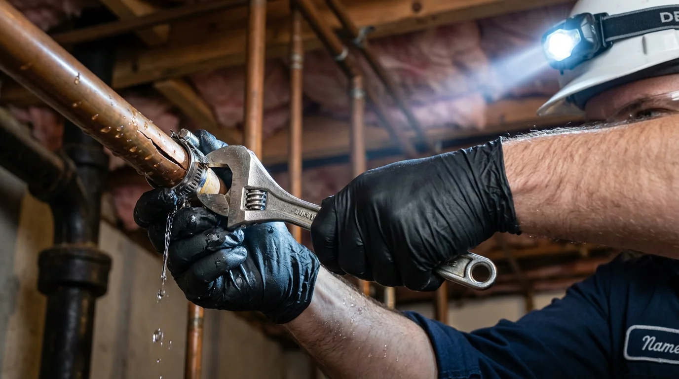 Emergency pipe clamp repair being performed by a Johns Plumbing LLC plumber in Seneca Falls