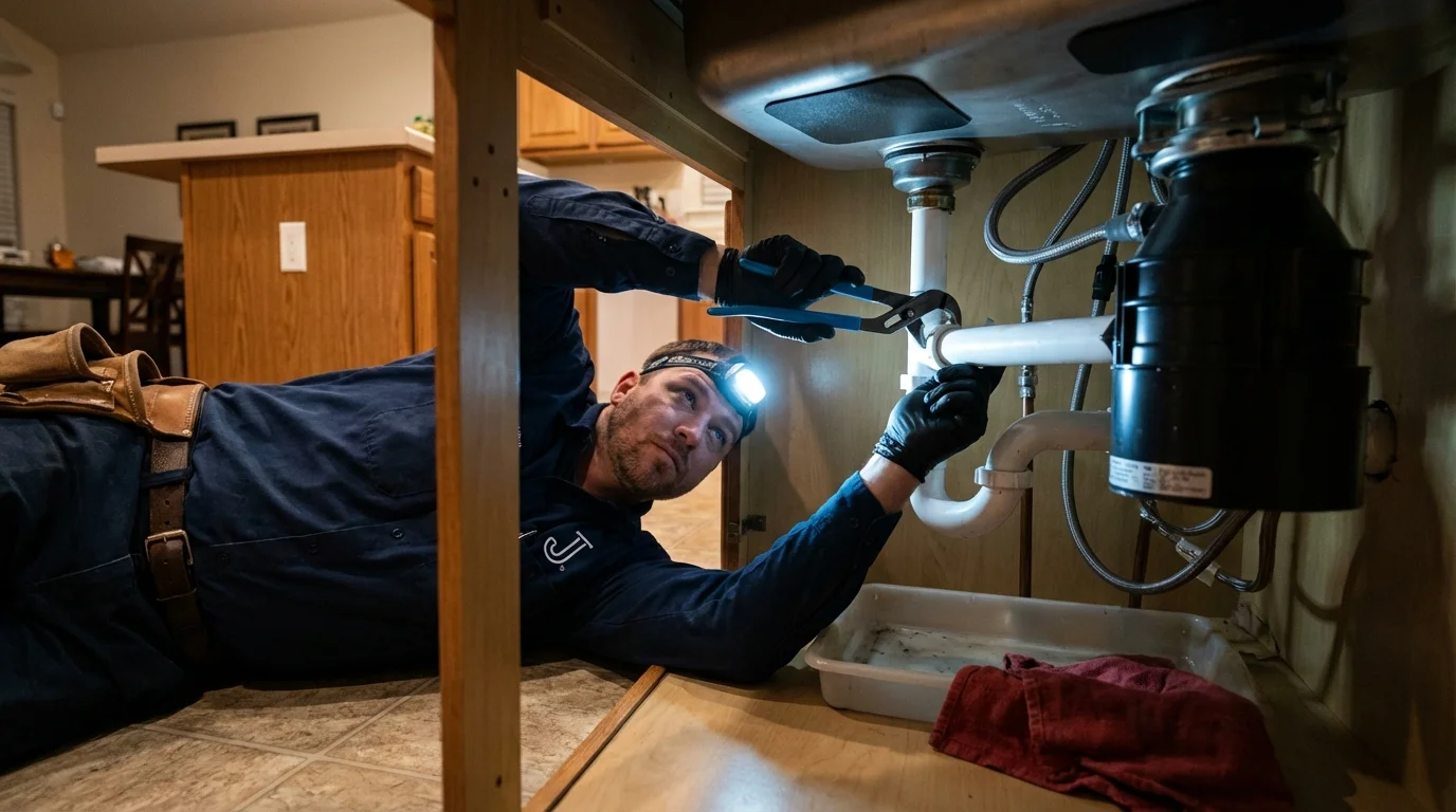 P-trap and supply line connections under a kitchen sink showing a common leak point in Seneca Falls, NY